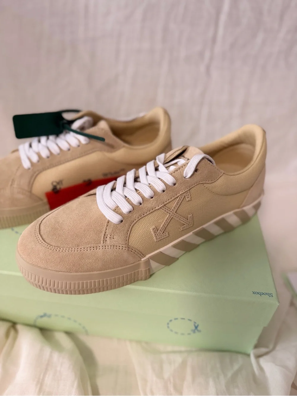 Off-White Low Vulcanized Beige Suede Canvas Men's Sneakers Lace Up US 11